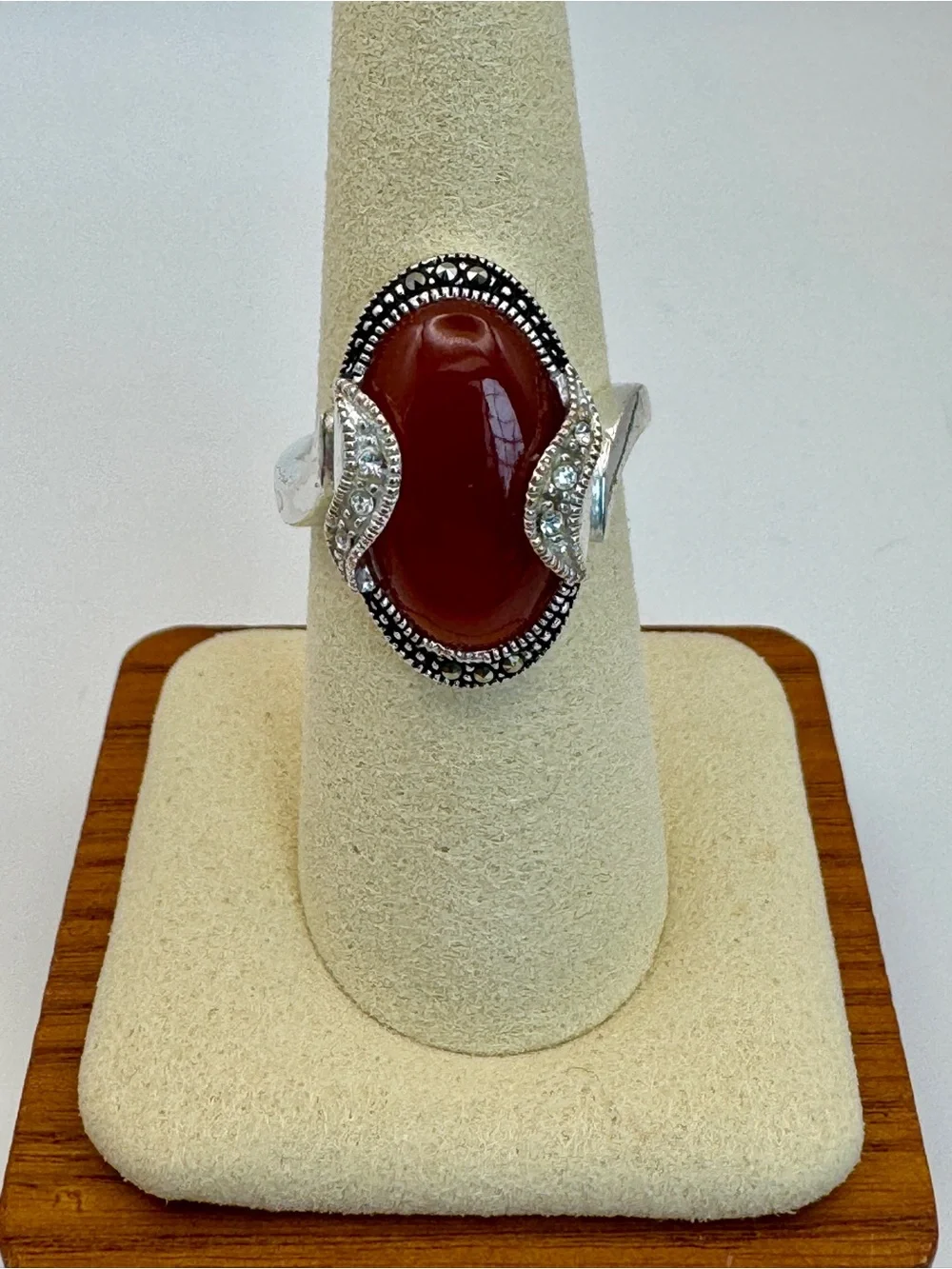 Boho Vintage Carnelian & Marcasite Silver Ring - Sz 8 Perfect for Summer